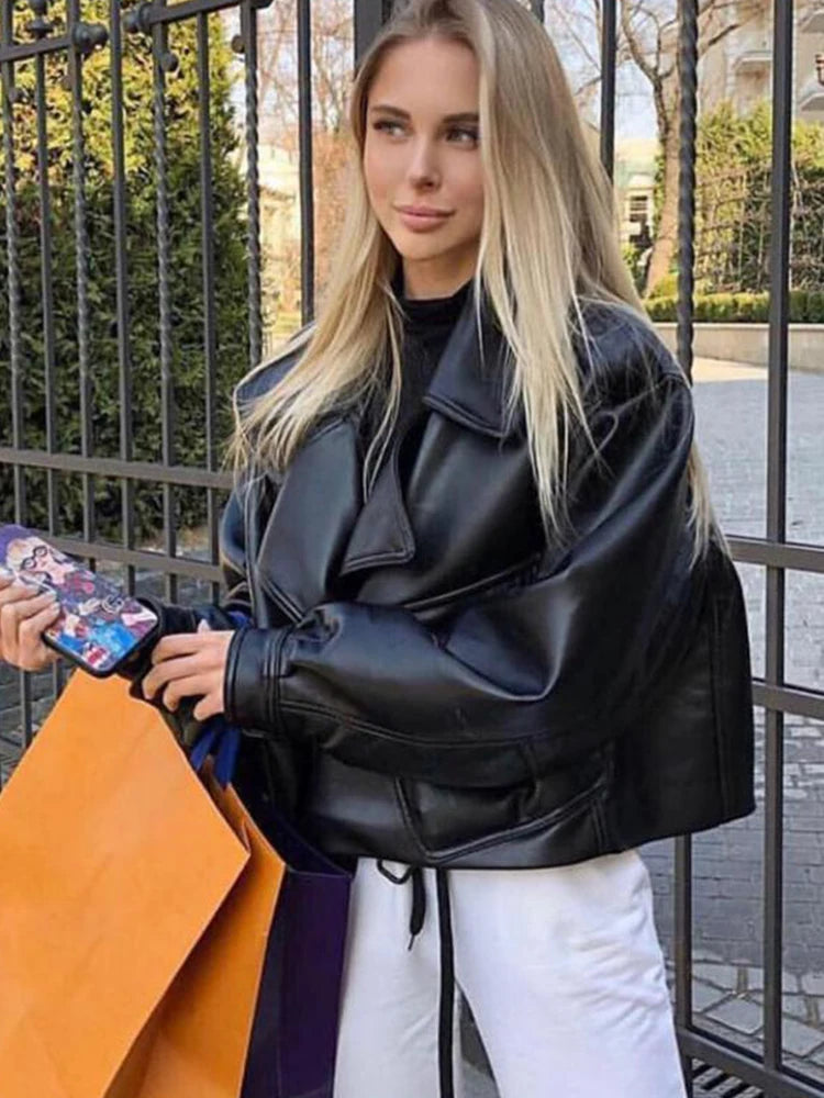 FTLZZ New Spring Women Faux Leather Jacket Biker Red White Coat Turndown Collar PU Motorcycle Jackets Loose Streetwear Outerwear