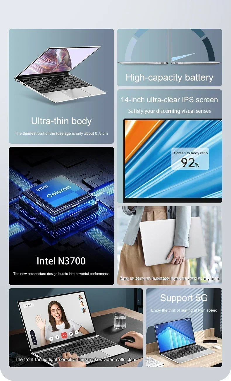 LENO 14.1" Ultra Slim Laptop 16GB RAM 2TB SSD Windows 11 Intel N3700 Notebook Gamer 1920*1080  Display Office Study Computer PC