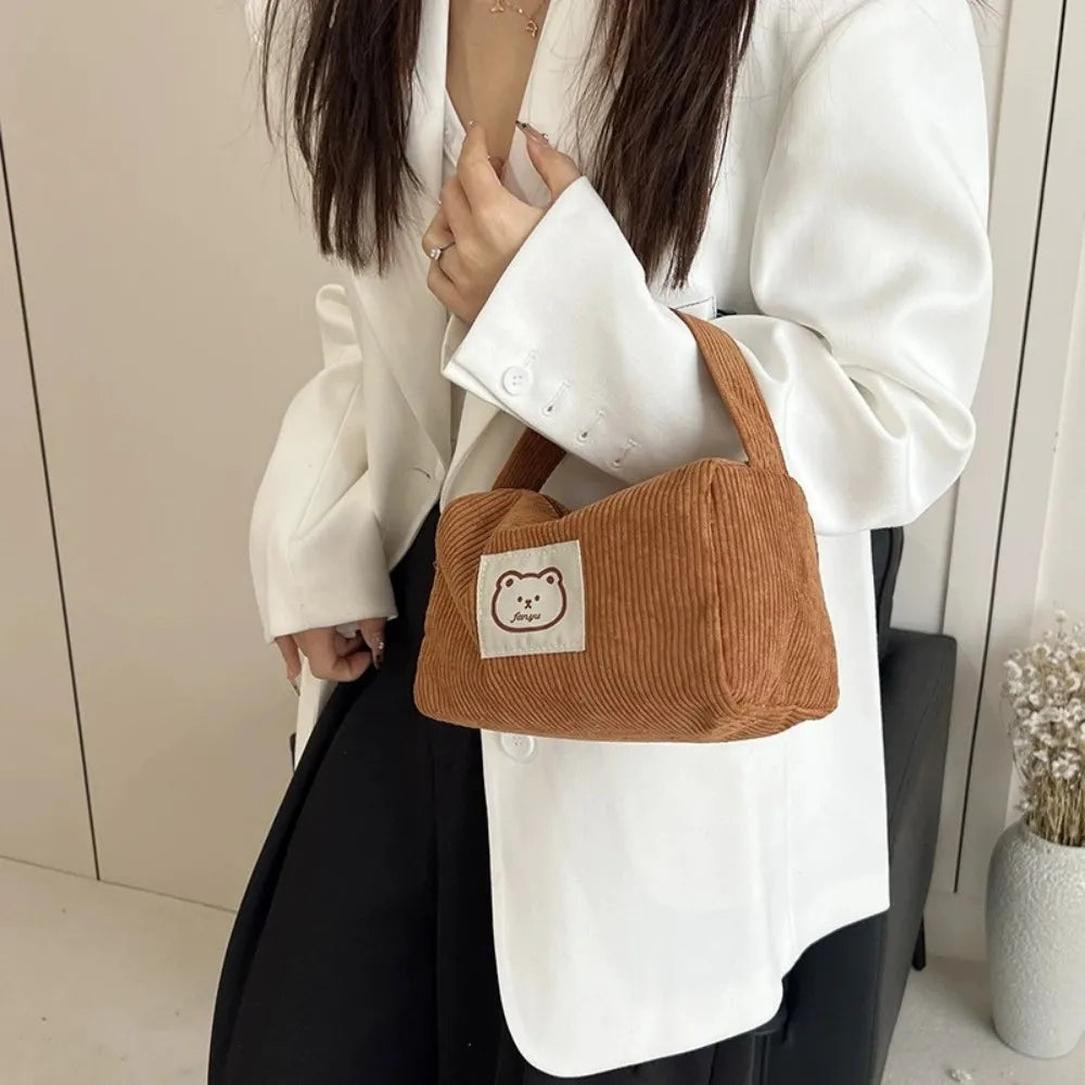 Corduroy Totes Bag Women Ladies Corduroy Shoulder Bag Cute Teddy Bear Pattern Cartoon Embroidery Casual Shoulder Tote
