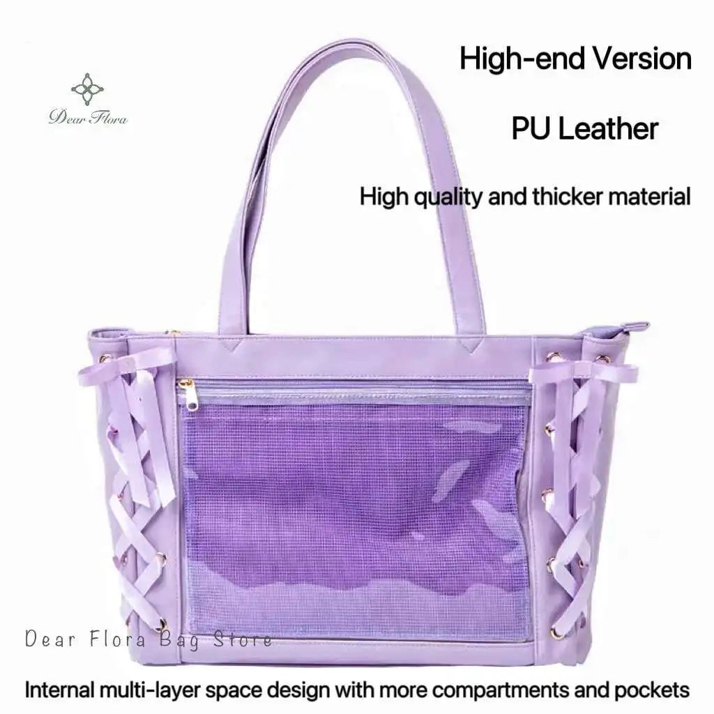 Japanese Sweet Women Ribbon Ita Bag Cute Lolita Girl Transparent Handbags Fashion Large Capacity Tote Bag Aesthetic Shoulder Bag