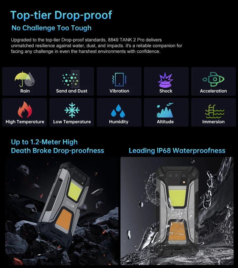 8849 Tank 2 PRO Unihertz Rugged Smartphone 24GB 512GB 100MP Rear Camera 23800mAh 120W Android 14 Dual Sim NFC OTG Cell Phone