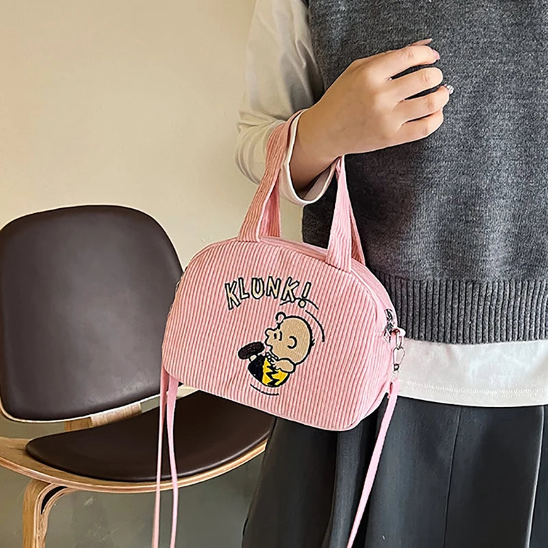 Corduroy Cartoon Shoulder Bag Cute Embroidered Handbag Women's Casual Crossbody Bag Adjustable Shoulder Straps