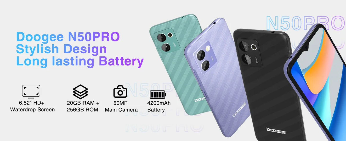 DOOGEE N50 Pro mobile phone free 20GB RAM + 256GB ROM Android 13 50MP AI camera, 6,52 inch 1TB expandable Widevine L1 4G