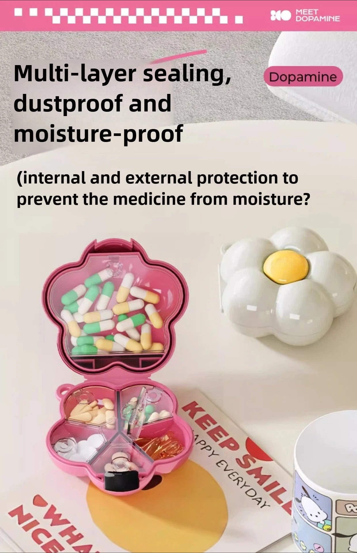 Portable, sealed, multi-functional, portable medicine box, dopamine wind medicine tablets, mini flower storage box