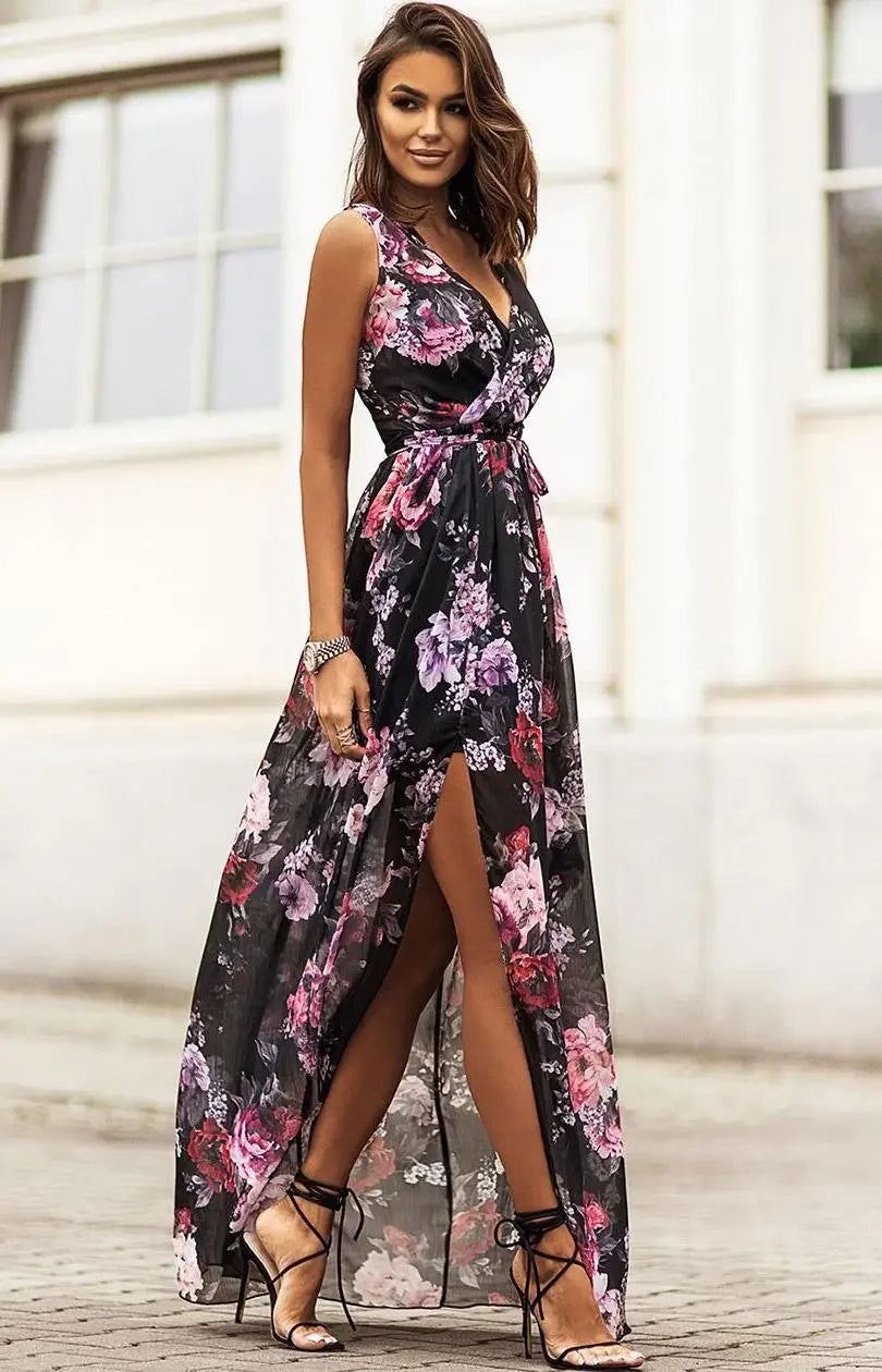 2023年夏季新款獨立站Wish亞馬遜雪紡印花繫帶洋裝女裝洋裝無袖V領