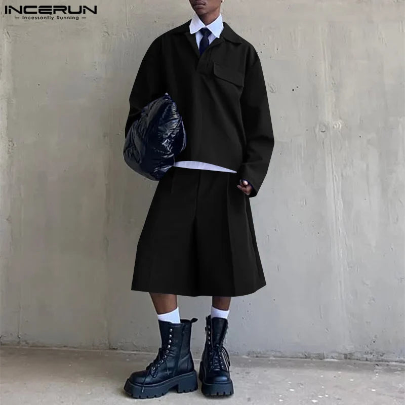 INCERUN 男士套裝純色時尚翻領兩件式西裝 2 件長袖上衣 T 卹短褲街頭潮流男裝