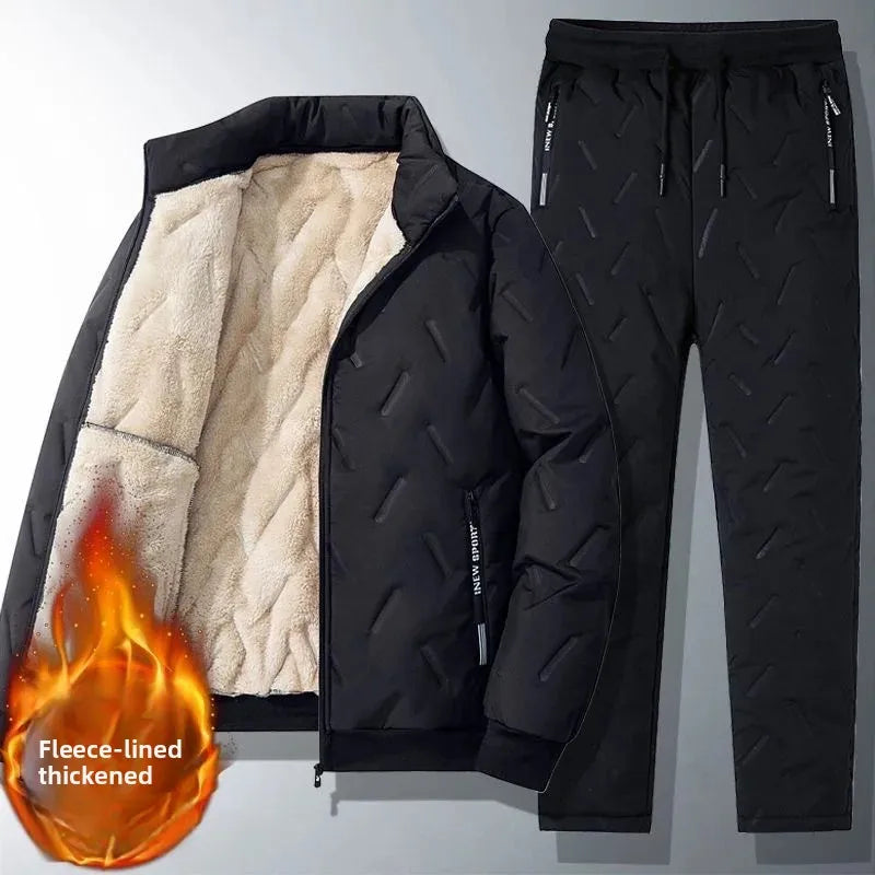 加厚抓絨衣男士冬季外套褲子套裝羊皮絨中老年棉衣爸爸裝中老年棉衣服