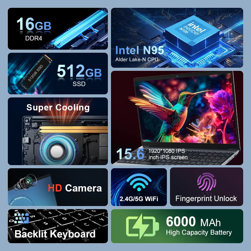 Ninkear N15 Air Laptop 15,6" IPS 1080P IPS Intel N95 3.4Ghz 16GB RAM 512GB SSD General Use Productivity Windows 11 pro Notebook