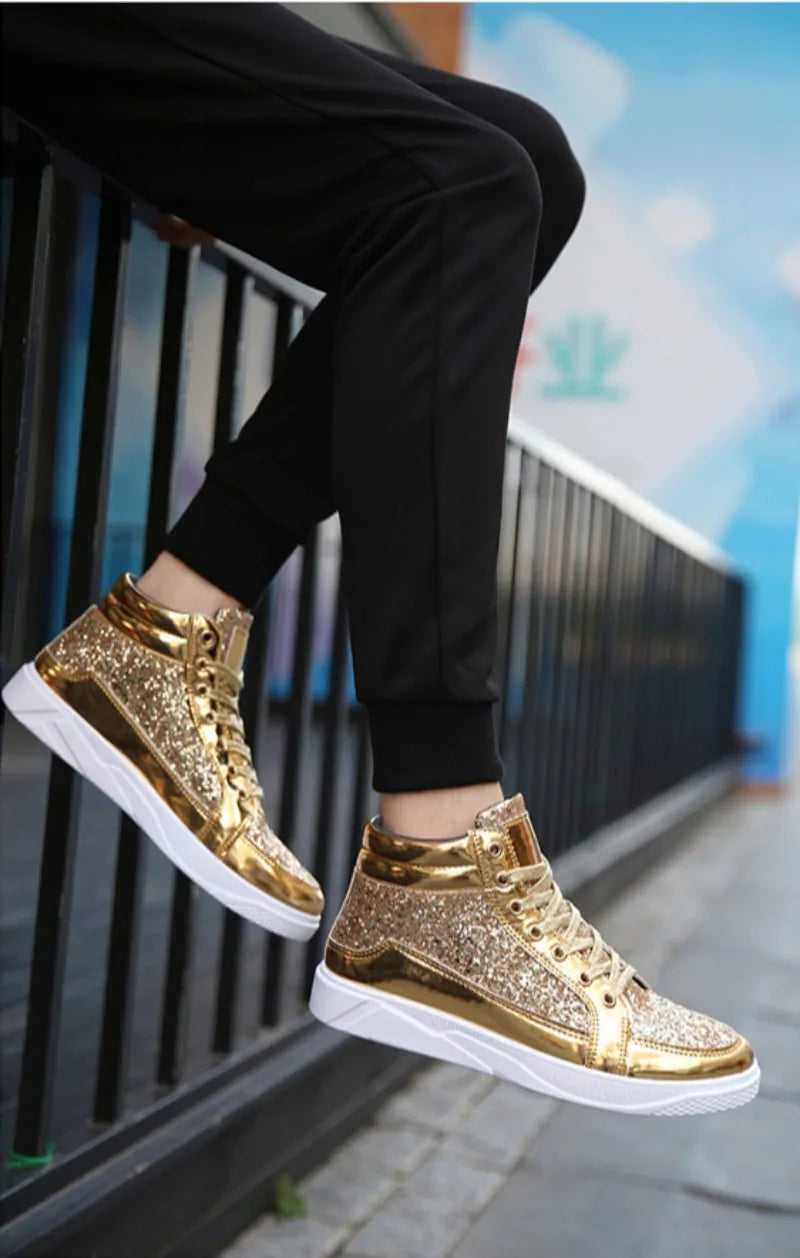 Men's Boots Nightclubs Fashiona Sequins With Diamonds Gold Leather Boots Trendy High Top Sports Casual Shoes Large Size 38-48