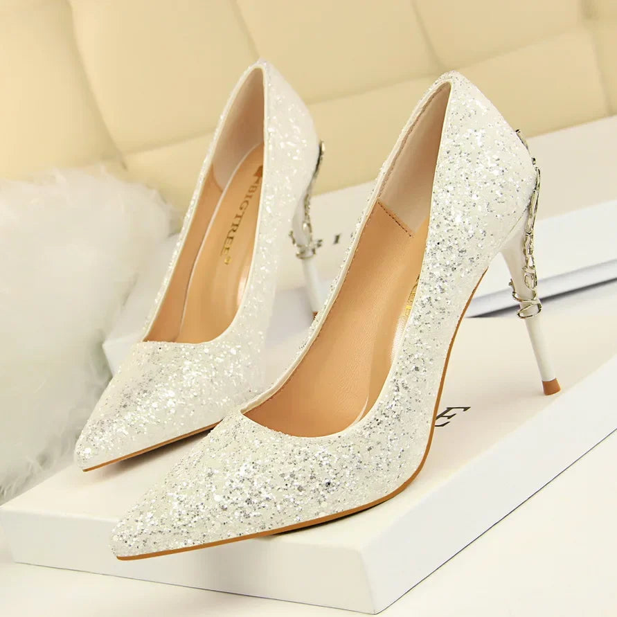 Women 9.5cm High Heels Pumps Lady Wedding Bridal Gold Silver Stiletto Heels Nightclub Event Party Sparkly Sequins Bling Shoes