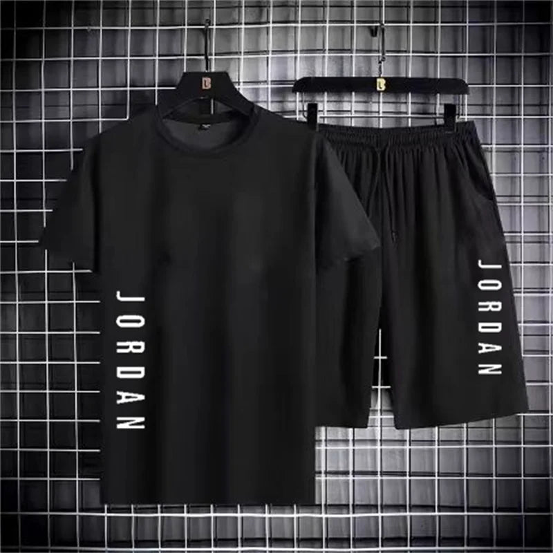 2025夏季時尚男士休閒運動套裝T卹短褲套裝休閒短袖套裝跑步健身服品牌服裝