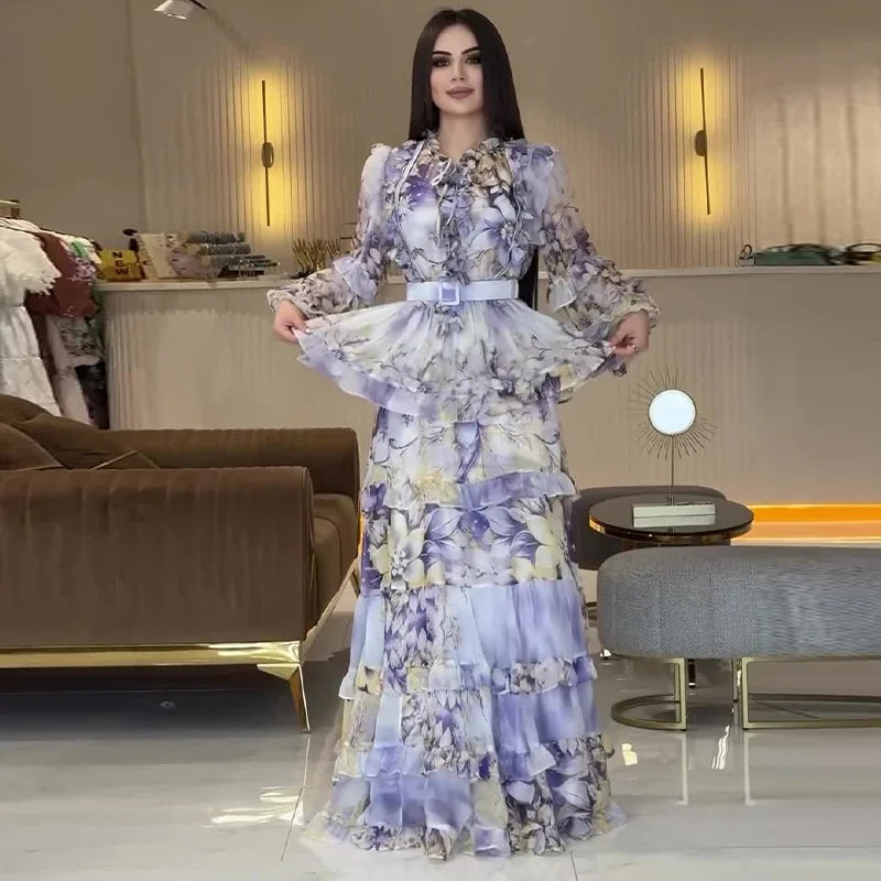 Eid Women Party Dress Abaya Muslim Ruffle Print Jalabiya Ramadan Sweet Long Dresses Vestidos Largos Kaftan Arab Long Robe 2025