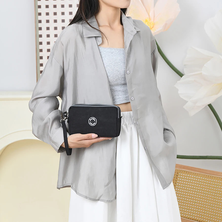 Fashion solid color triple zipper large capacity ladies crossbody travel portable popular zipper coin purse phone wallet