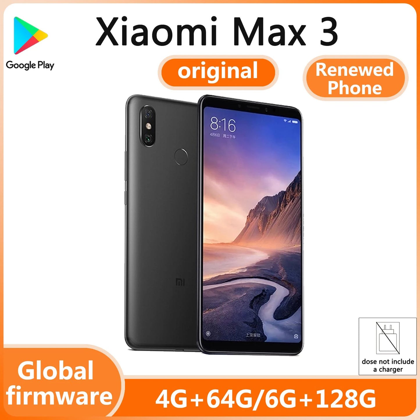 Renewed Phone Xiaomi Max 3 4G LTE GSM unlock 6.9 "12MP Dual Camera(Dual SIM)(syndragon)(Global Black) no charger