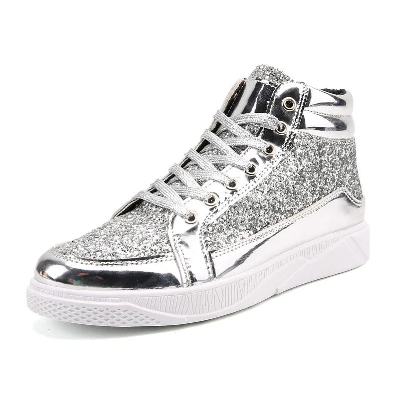 Men's Boots Nightclubs Fashiona Sequins With Diamonds Gold Leather Boots Trendy High Top Sports Casual Shoes Large Size 38-48