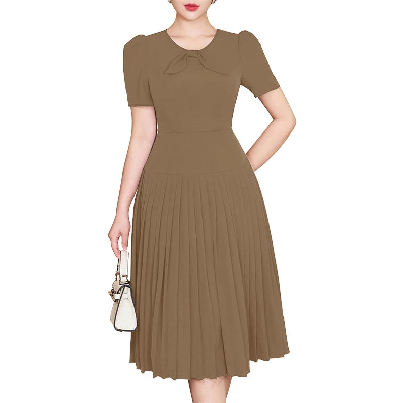 ZANZEA Short Sleeve Korean Fashion Party Dress Elegant Solid Waist-Cinched Pleated A-line Robes Women O Neck Knee-length Dress