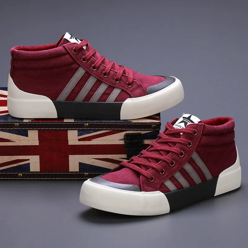 Spring Classic Stripes Black Canvas Sneakers Men Comfort High Top Skate Shoes Men Espadrilles Non-Slip Flat Vulcanized Shoes Men