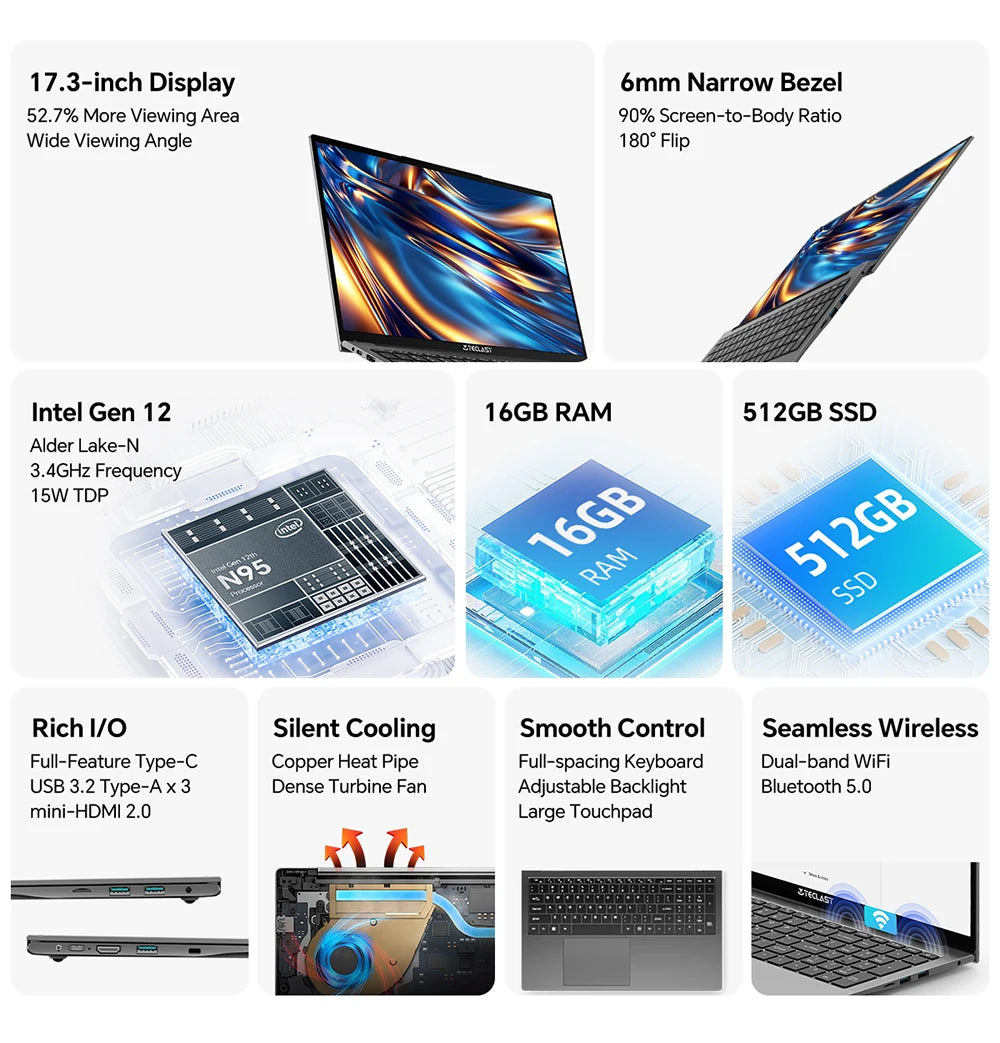 Teclast F17 Plus Laptop 17.3 inch Intel N95 Computer 16GB RAM 512GB SSD Windows 11 Pro 180° Flip Laptops mini-HDMI USB3.2 Type-C