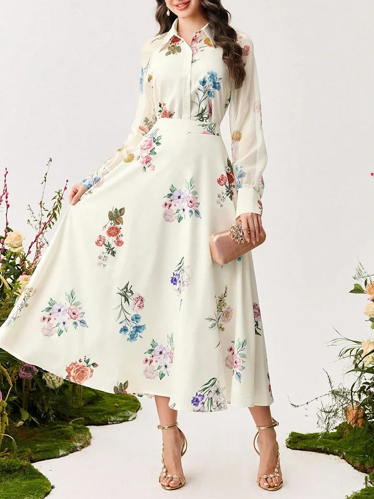 拉菲亞精品女裝夏季兩件式數位印花裙女圖案設計套裝長袖襯衫