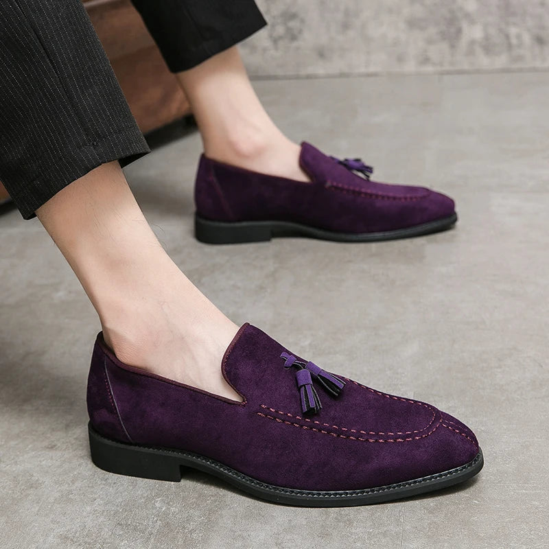 Brand Design Men Suede Leather Shoes Moccasins Purple Tassel Pointed Men's Loafers Vintage Slip-on Casual Men Social Dress Shoe