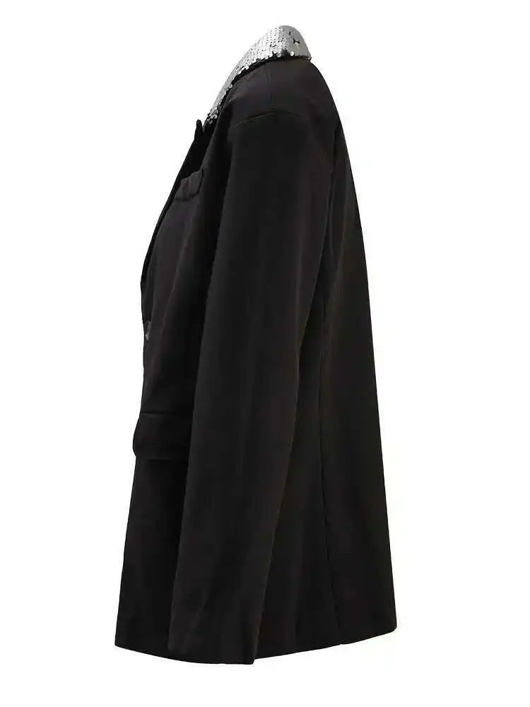 EAM Black Color-block Sequins Big Size Blazer Women New Lapel Long Sleeve Jacket Fashion Tide Spring Autumn 2025 CPG1490