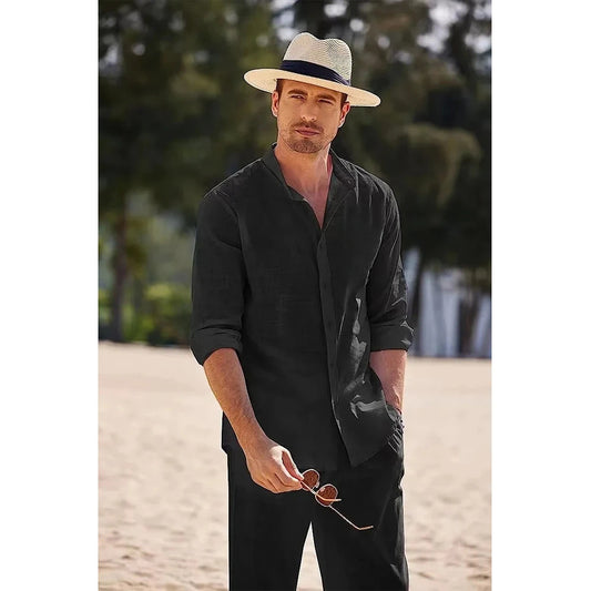 男士休閒棉麻兩件式海灘復古基本款襯衫和褲子純色休閒西裝男士夏威夷運動服套裝