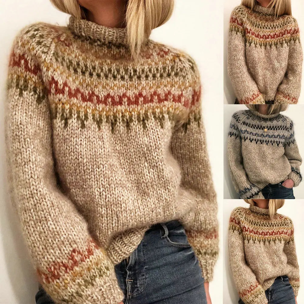 Pullovers Women Knitted Sweater Long Sleeve Turtleneck Jumpers Print Sweaters Loose Fit Spring 2025 High Street Sports