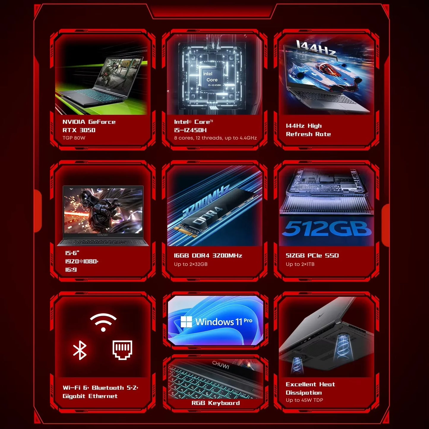 CHUWI GTBook Laptop Intel i5-12450H RTX 3050 15.6 Inch 144Hz 16GB DDR4 512GB SSD Windows 11 Pro WIFI 6 M.2 Up To 1T RJ45*1