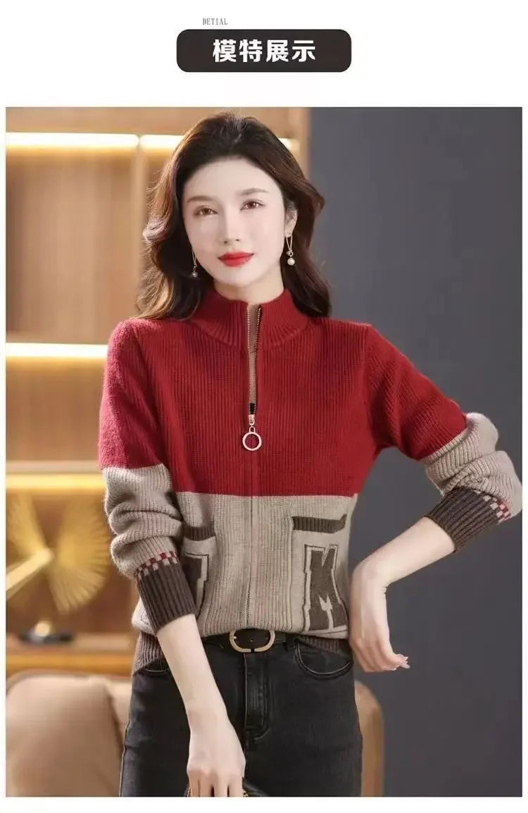 Sping Autumn New Women Sweaters Coats Stand Collar Zipper Contrast Color Pocket Fashion All-match Long Sleeve Cardigan Knit Tops