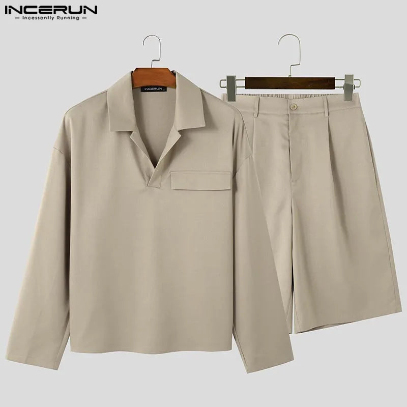 INCERUN 男士套裝純色時尚翻領兩件式西裝 2 件長袖上衣 T 卹短褲街頭潮流男裝