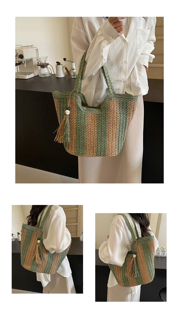 Leisure grass woven bag for women with large capacity, 2024 new summer single shoulder commuting woven bag, beach bag