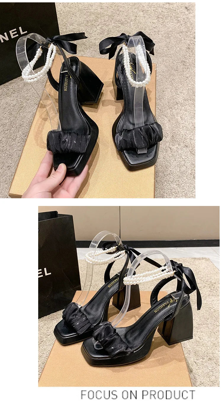 Comfort Shoes for Women Pearl Sandals Suit Female Beige Increasing Height Block Heels All-Match Black Bow 2024 Fashion Chunky Gi