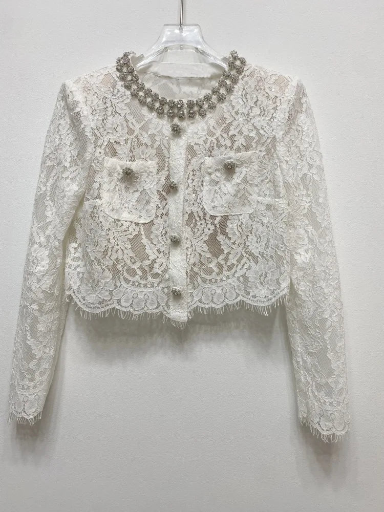 Luxury Lace Long Dress 2 Piece Sets Women 2025 Summer Holiday Hollow Out Embroidery Crystal Beaded Jackets Tops Maxi Skirt Suits