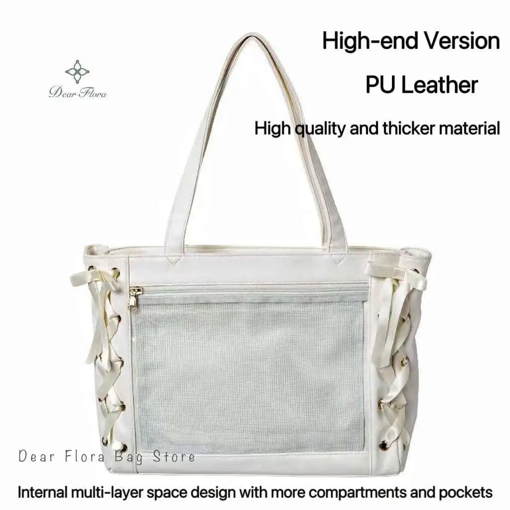 Japanese Sweet Women Ribbon Ita Bag Cute Lolita Girl Transparent Handbags Fashion Large Capacity Tote Bag Aesthetic Shoulder Bag