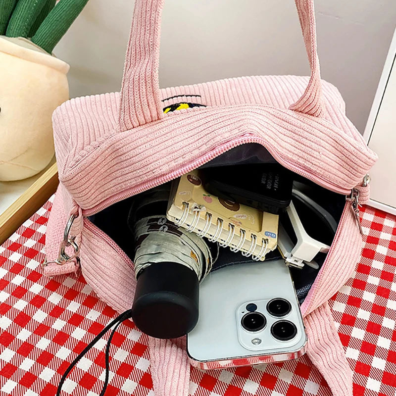 Corduroy Cartoon Shoulder Bag Cute Embroidered Handbag Women's Casual Crossbody Bag Adjustable Shoulder Straps