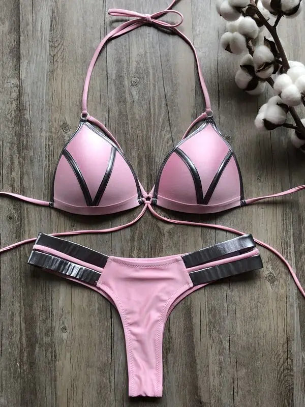 Contrast Trim Wrap Lace Up Bikini Sets Swimsuit For Women High Waist Two Pieces Swimwear 2022 Beach Bathing Suits