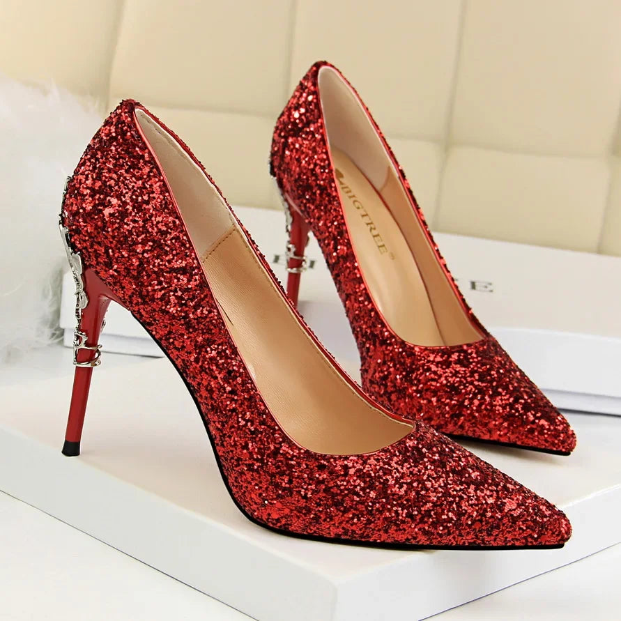 Women 9.5cm High Heels Pumps Lady Wedding Bridal Gold Silver Stiletto Heels Nightclub Event Party Sparkly Sequins Bling Shoes