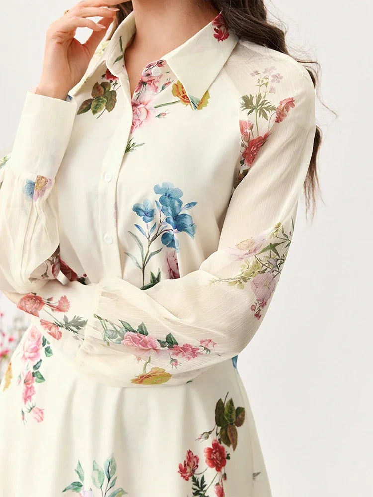 拉菲亞精品女裝夏季兩件式數位印花裙女圖案設計套裝長袖襯衫