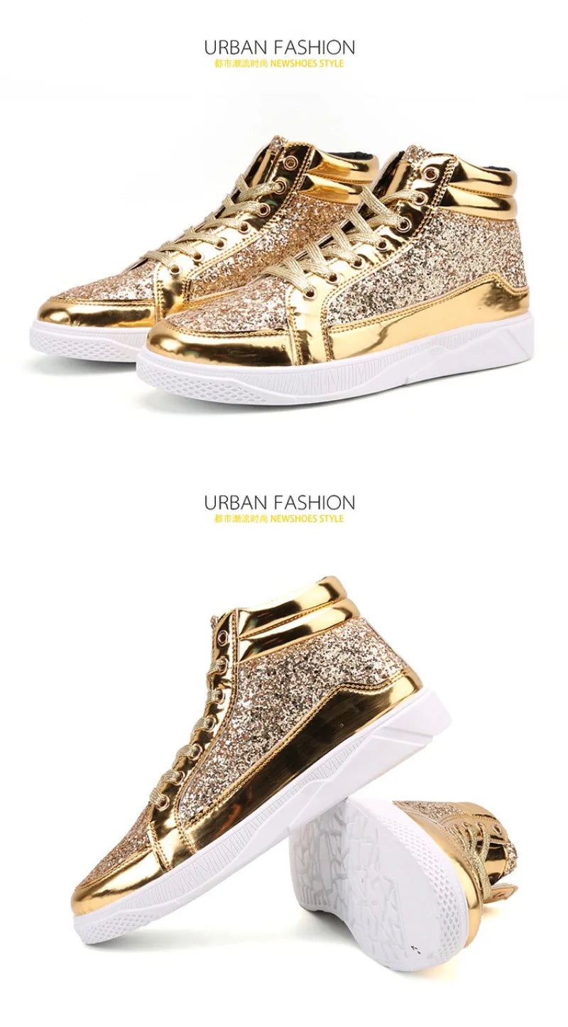 Men's Boots Nightclubs Fashiona Sequins With Diamonds Gold Leather Boots Trendy High Top Sports Casual Shoes Large Size 38-48