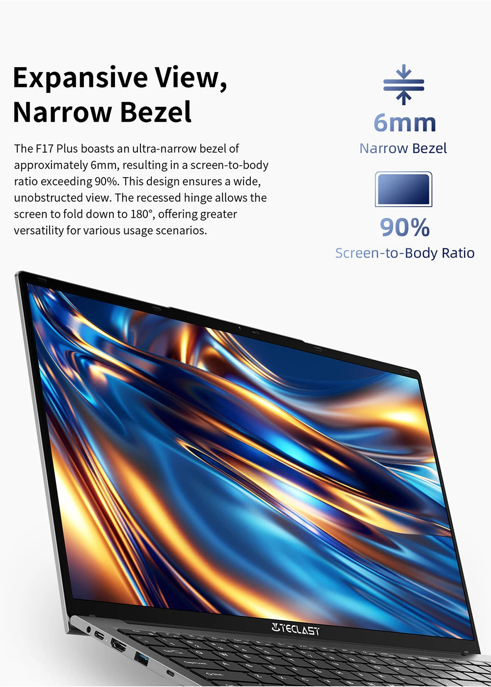 Teclast F17 Plus Laptop 17.3 inch Intel N95 Computer 16GB RAM 512GB SSD Windows 11 Pro 180° Flip Laptops mini-HDMI USB3.2 Type-C