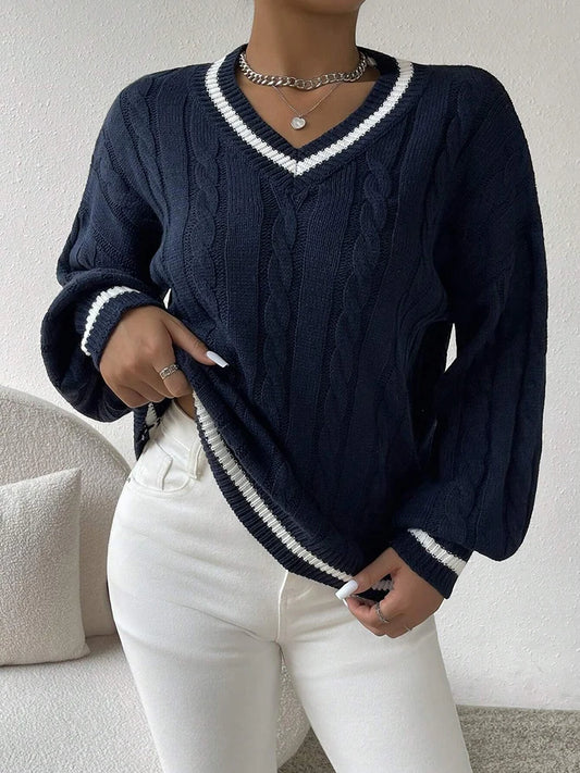 Fashionable and elegant V-neck top Women's Fried Dough Twists intercolor knitwear Long sleeve loose