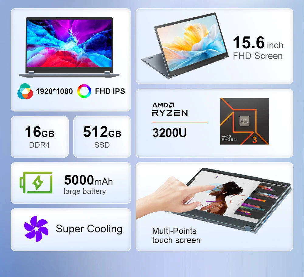 Ninkear YBOOK15 Laptop AMD Ryzen 3 3200U 15.6 Inch 360° Flip FHD IPS 1920*1080 Touchscreen 16G+512GB Backlit Keyboard Windows 11