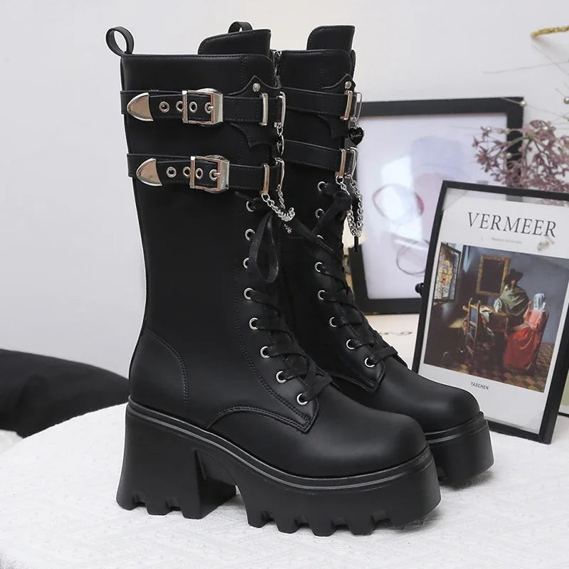 Autumn Women Punk Style Platform Mid-calf Boots Thick Sole Leather Motorcycle Boots 9CM Chunky Metal Buckle Short Boots Woman
