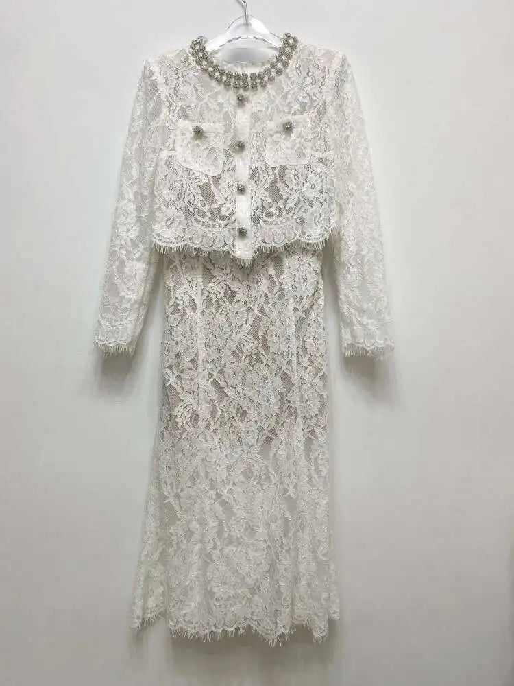 Luxury Lace Long Dress 2 Piece Sets Women 2025 Summer Holiday Hollow Out Embroidery Crystal Beaded Jackets Tops Maxi Skirt Suits
