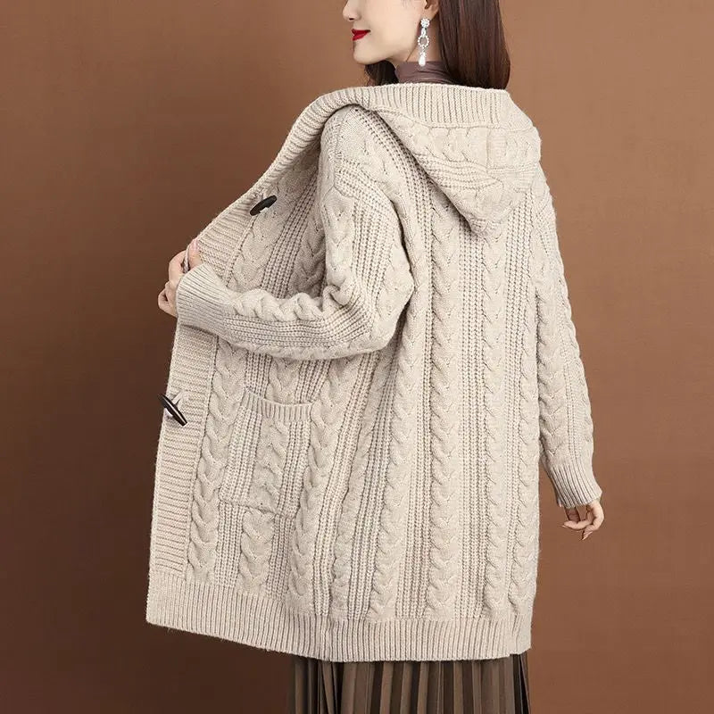 2024 Autumn Winter Thicken Sweaters5XL Large Size New Fashion Hooded Knitted Outerwear Women's Cardigan Sweater Knitting Jacket