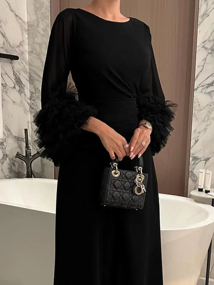 UOOZEE 2024 New Women Fashion Solid Color Elegant Bridesmaid Dress Spring Flared Sleeve Pleated Party Evening Maxi Dresses