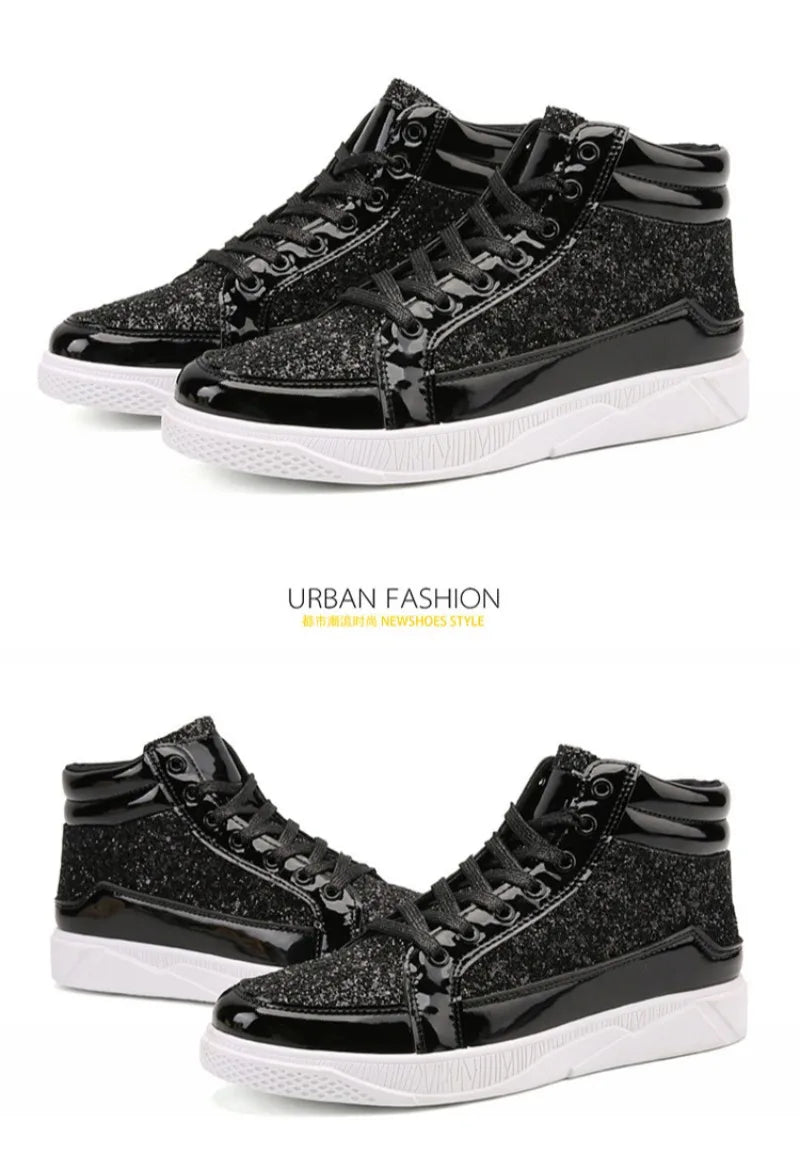 Men's Boots Nightclubs Fashiona Sequins With Diamonds Gold Leather Boots Trendy High Top Sports Casual Shoes Large Size 38-48