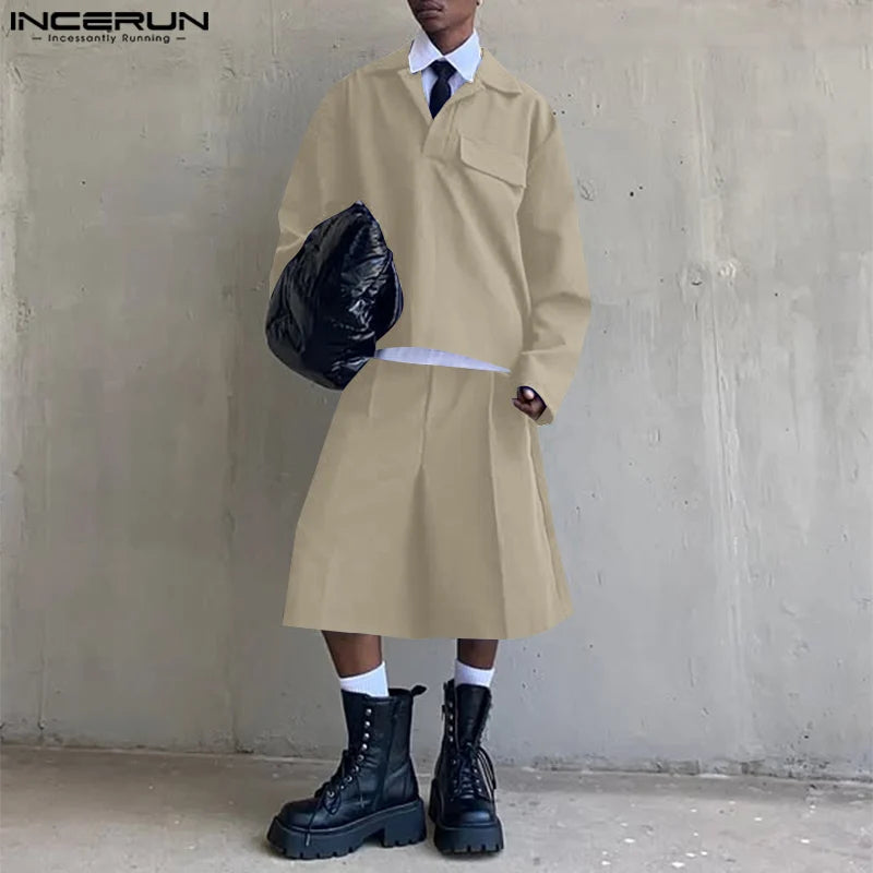 INCERUN 男士套裝純色時尚翻領兩件式西裝 2 件長袖上衣 T 卹短褲街頭潮流男裝