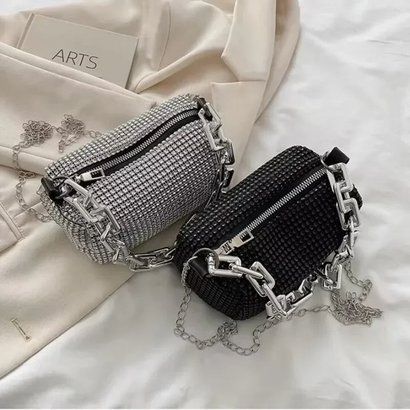 Allover Rhinestone Bucket Bag, Glitter Chain Prom Purse, Women's Mini Crossbody Bag