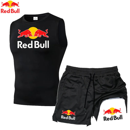 Quick Dry Running Red Bull Vests Men Double Deck 2 in 1 Shorts Sets Rashgard Fitness Sport Gym Tank Tops Set For Mens